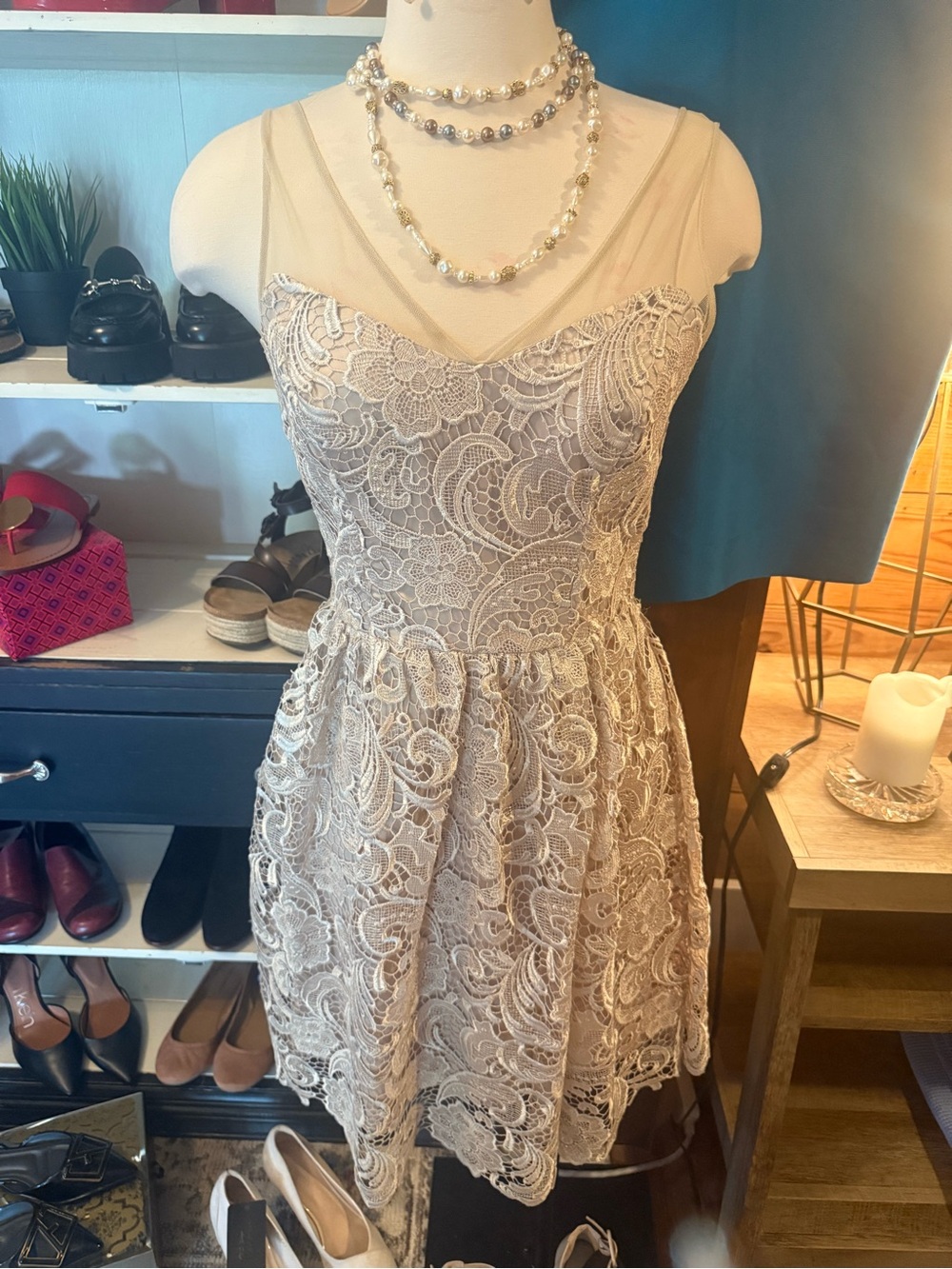 Adrianna Papell Lace Overlay Mini Dress in Light Taupe